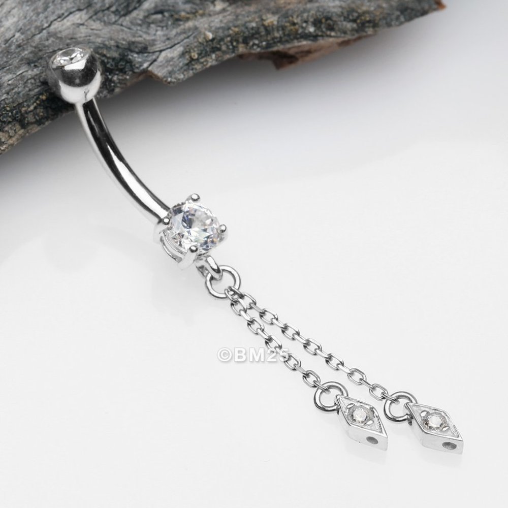 14 Karat White Gold Double Chained Sparkle Dangle Belly Button Ring